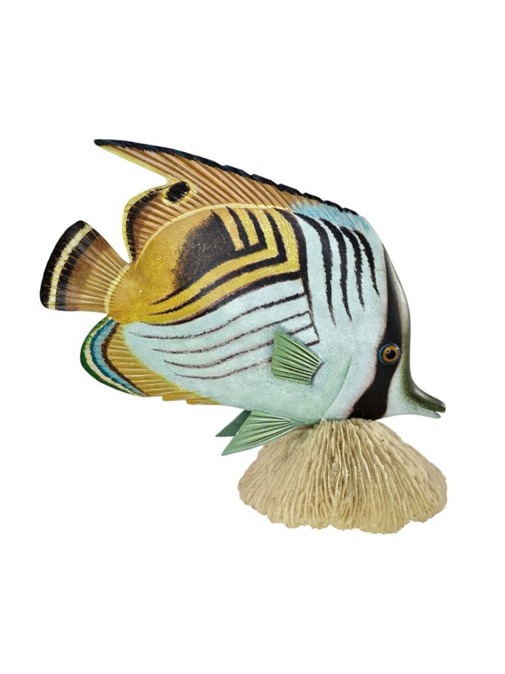 Wood Carved Tropical Fish Figurine On Coral Base Hand-Painted Vibrant Colors